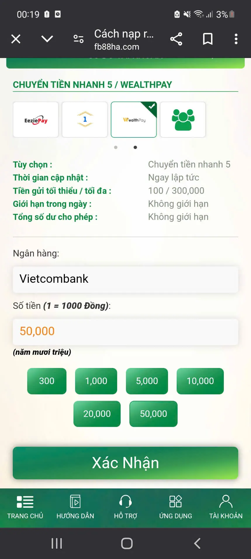 Cách nạp tiền FB88 qua phương thức chuyển tiền nhanh 5